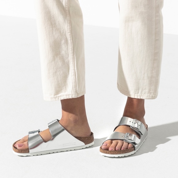 Birkenstock Shoes - Birkenstock Soft Footbed Metallic Silver Sandal
